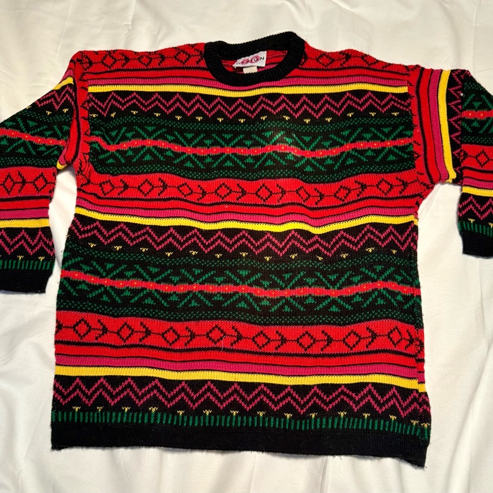 VTG 80s DESIGN Coogi-Style Sweater Bold Geometric Knit USA L Bright Colors Rare